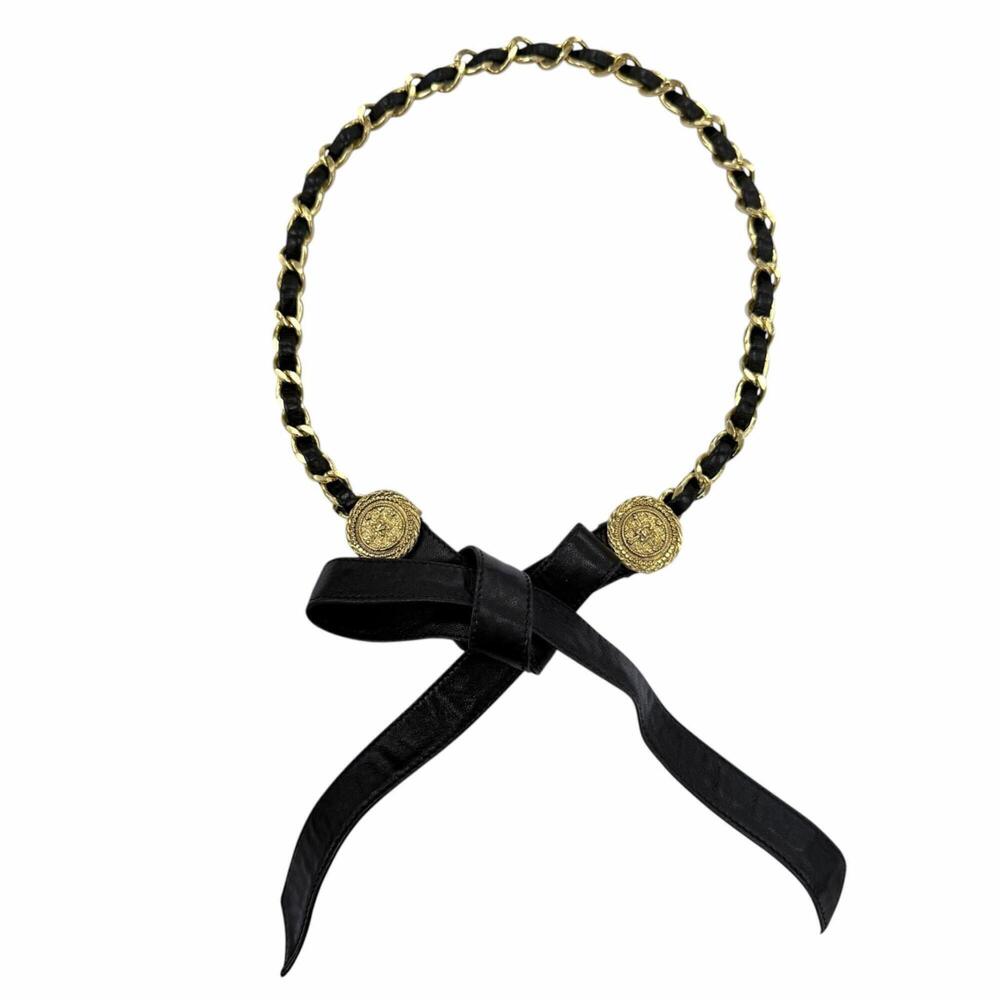 CHANEL Vintage Metal Coco Mark Leather Chain Ribbon Belt Gold Black Women's